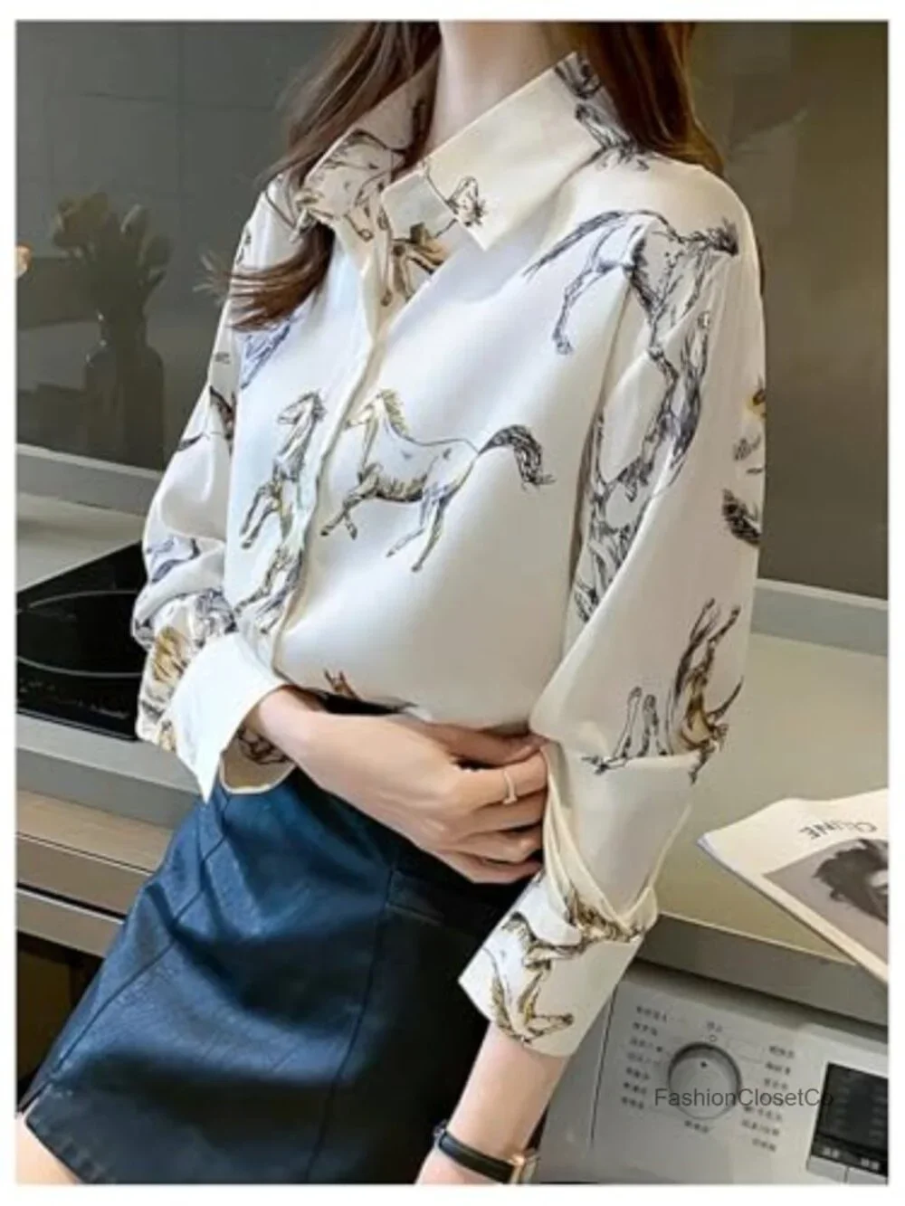 Polyester Graphic Horse Print Long Sleeve Button Down Shirt Blouse Western Top - Picture 3 of 4